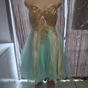 Elegant Backless Gold and Blue Dress